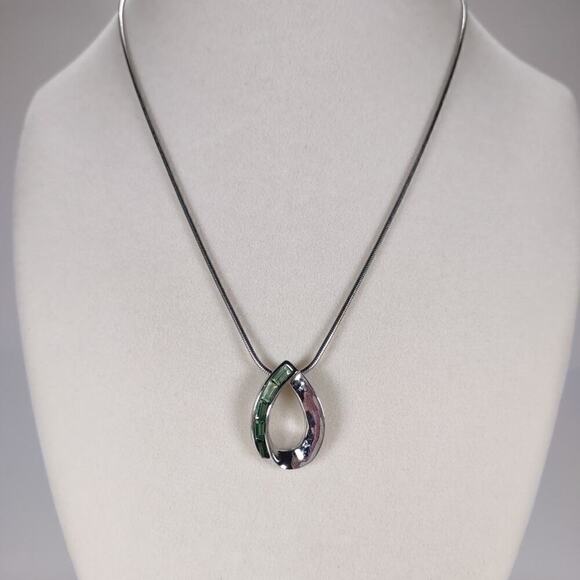 Lia Sophia Jewelry - Vintage Lia Sophia Silver Tone Green Rhinestone Teardrop Pendant Necklace